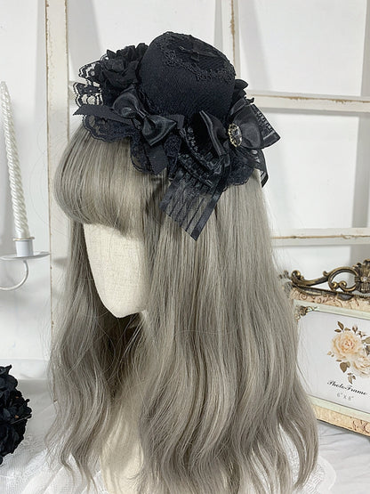 Gothic Elegant Floral Design Bowknots Mini Hat Black/Black and Red