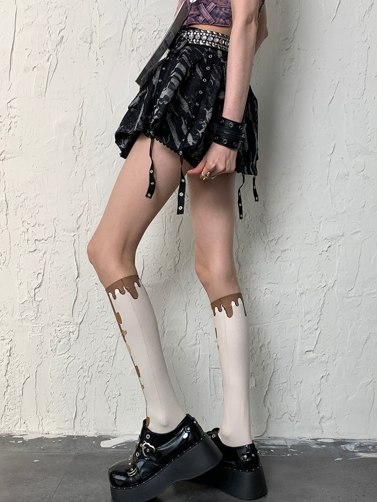 White&Brown Y2K Bittersweet Cookie And Bowknot Print Underknee Stockings