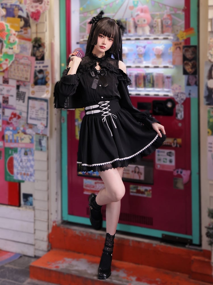 Jirai Kei Open Shoulders Long Sleeves Black Lace Blouse