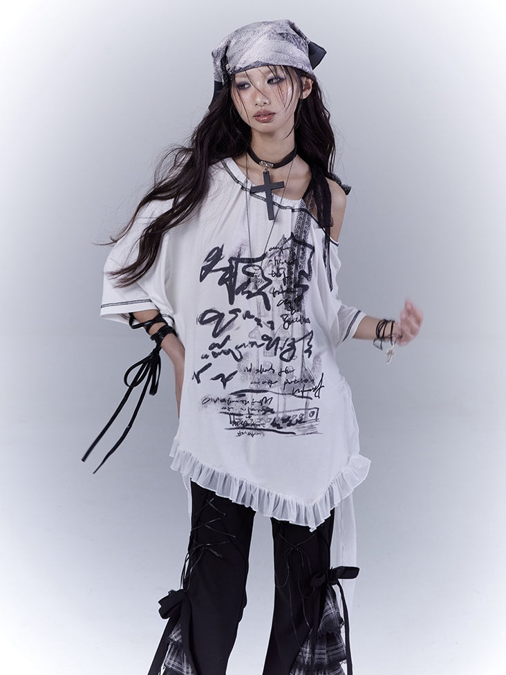 White Asymmetrical Neckline Ruffle Hem Graphic T-Shirt with Self-tie Strap Waist