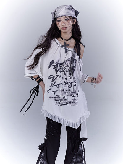 White Asymmetrical Neckline Ruffle Hem Graphic T-Shirt with Self-tie Strap Waist