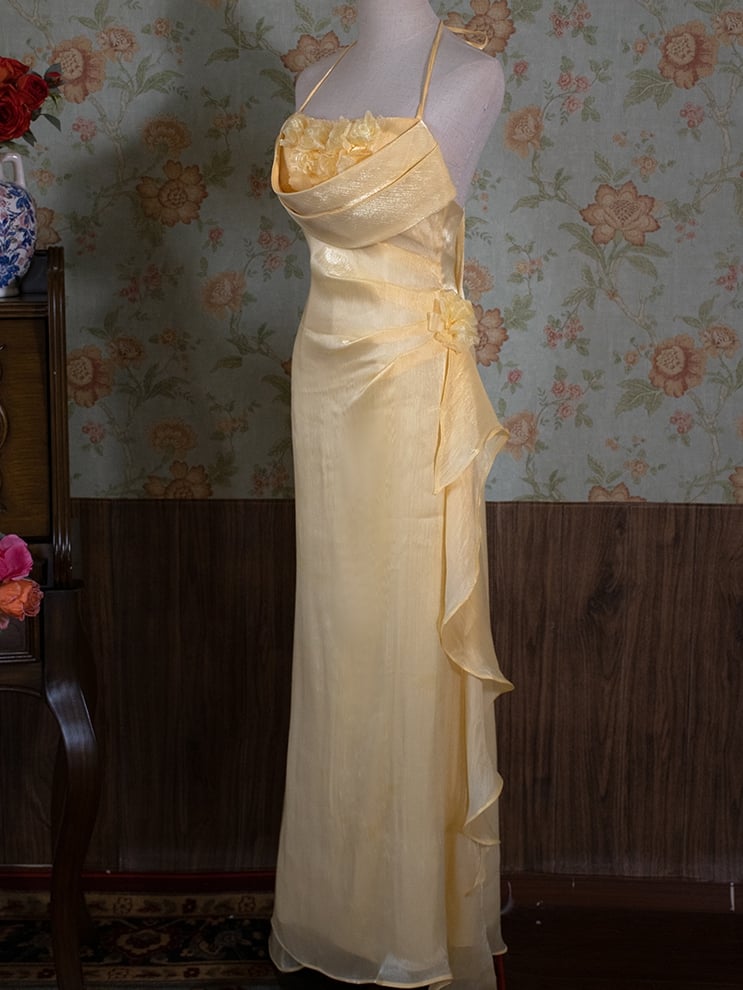 Vintage Yellow Halter Neck Floral Prom Gown Fairy Princess Dress