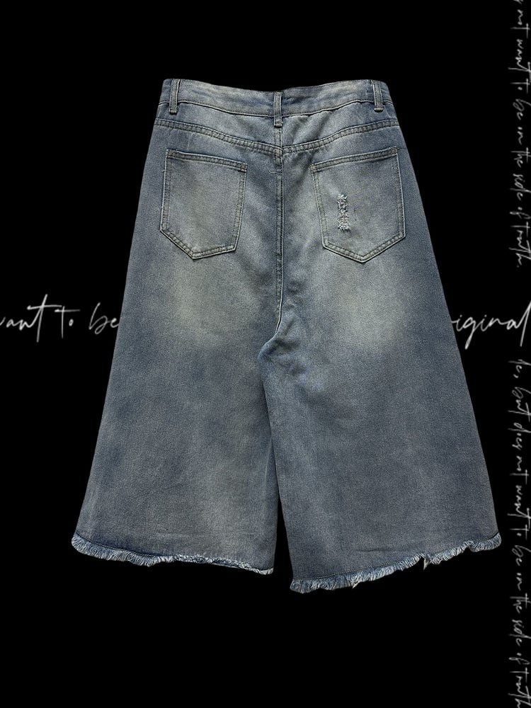 Dragon Applique Raw Hem Distressed Holes Light Blue Wide-leg Jeans