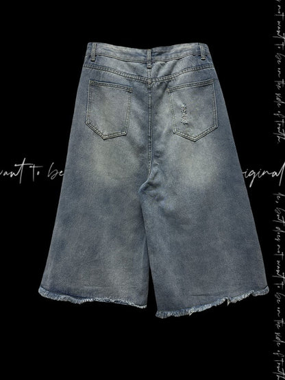 Dragon Applique Raw Hem Distressed Holes Light Blue Wide-leg Jeans