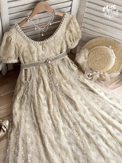 Allover Beaded Leaves Design Beige Empire Waist Elegant Lolita One Piece Long/Short Version