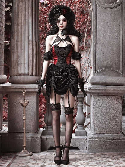 Black and Dark Red Gothic Vampire Lace Up Bodice Drawstring Skirt Dress