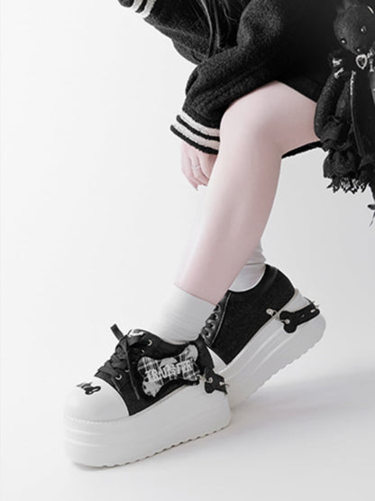 Black Punk Bone Applique Silver-tone Studs Platform Shoes