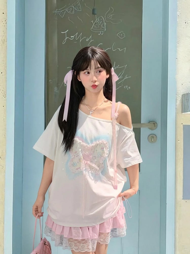 Sequins Decorated Butterfly Lace-up Detail White Asymmetrical Neckline T-shirt