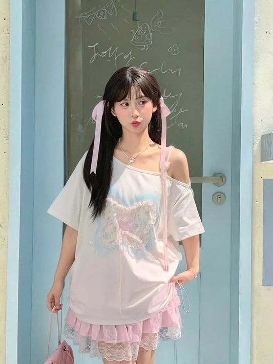 Sequins Decorated Butterfly Lace-up Detail White Asymmetrical Neckline T-shirt