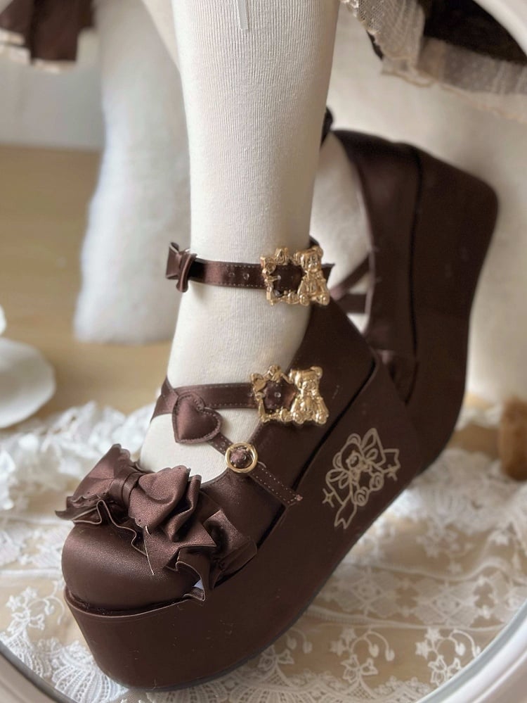 Brown Bear Buckle Straps Bowknot Platform Shoes with Bear Embroidery