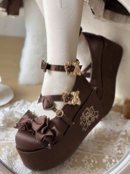 Brown Bear Buckle Straps Bowknot Platform Shoes with Bear Embroidery