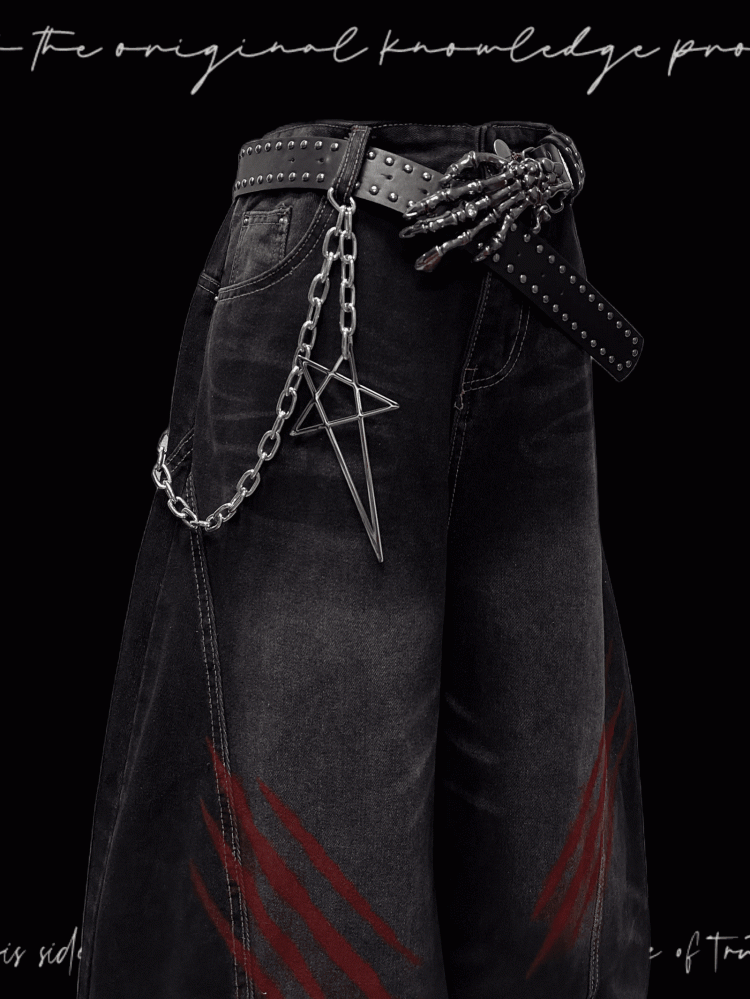 Black Faded Wash Scratch Print Distressed Punk Wide-Leg Jeans