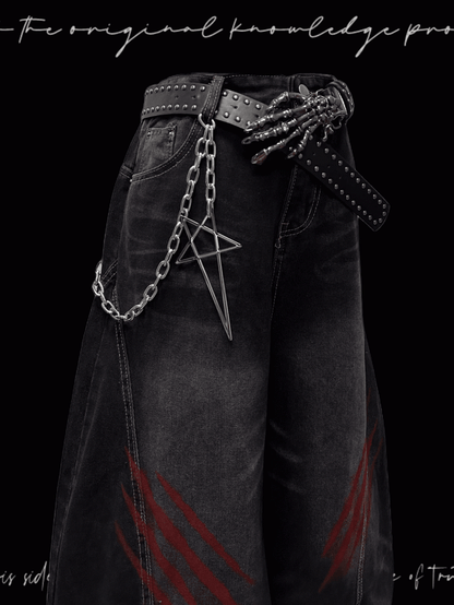 Black Faded Wash Scratch Print Distressed Punk Wide-Leg Jeans