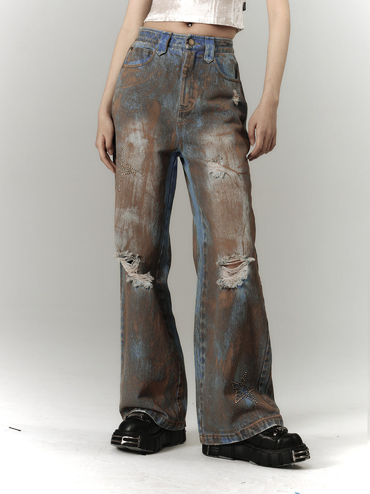 Wasteland Punk Blue Tie Dye Straight Leg Jeans Distressed Holes