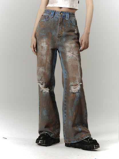 Wasteland Punk Blue Tie Dye Straight Leg Jeans Distressed Holes
