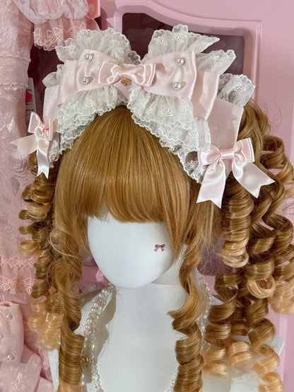 White/Beige/Blue Beaded Decorated Lace Trim Big Bow KC