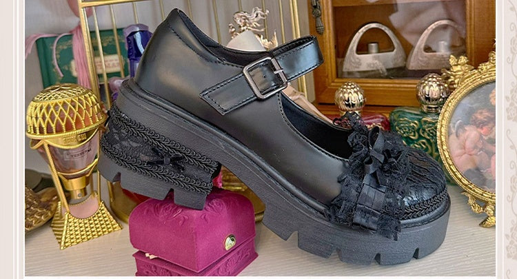Lace Details Bow Accents Black Platform Mary Janes