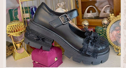 Lace Details Bow Accents Black Platform Mary Janes