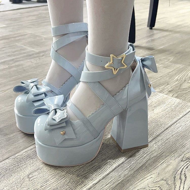 Blue Bow at Top Crisscross Design Sweet Lolita Platform High Block Heels