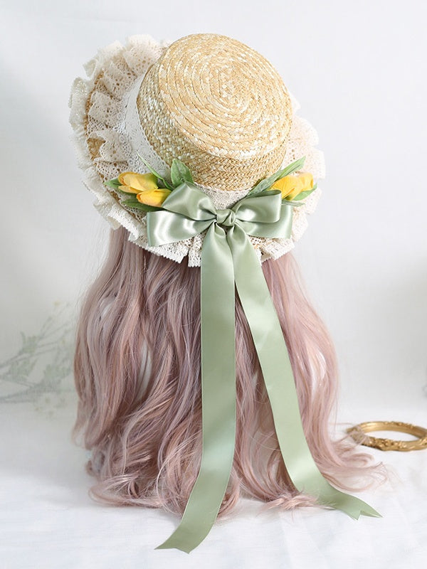 Country Lolita Tulip Lace Trim Straw Hat with Green Bowknot Ribbons