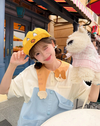 Adorable Kitty Collar Blue and White Colorblock Design Dress Faux Two-pieces