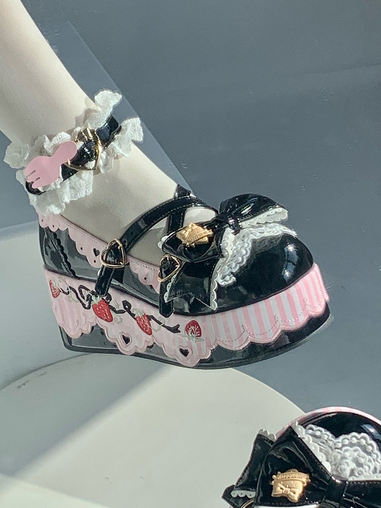 Berry-themed Details, Striped Scalloped Edging & Delicate Bow PU Black Platform Shoes in Sweet Lolita