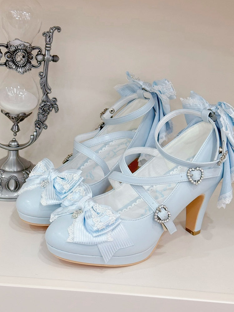 Light Blue Crisscross Design Heart Buckle Bow at Top High Heels