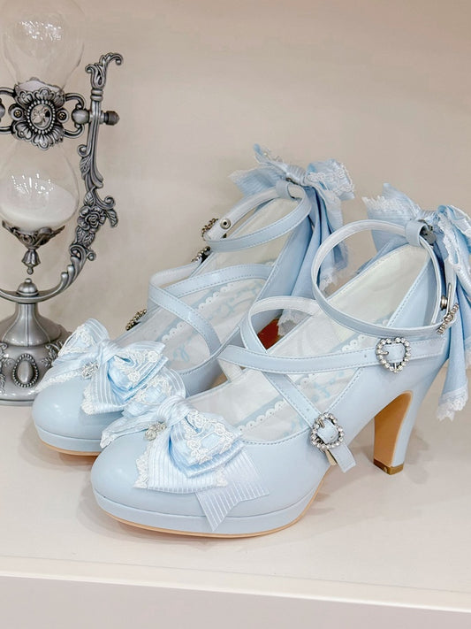 Light Blue Crisscross Design Heart Buckle Bow at Top High Heels