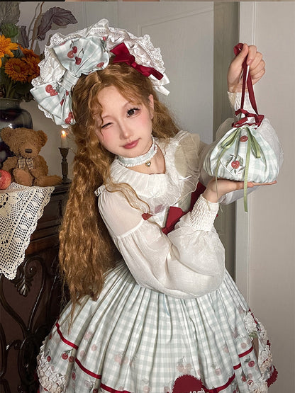 Cherry Print Blue Plaid Bowknot Hairclip