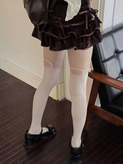 White/Black Sweet Cat Pattern Tights With Bow