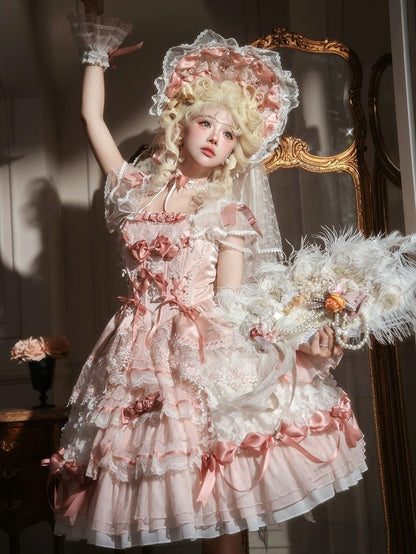 Pink Hanayome Lolita Hime Dress with Corset Waist and Rose Bow Accents Short Version