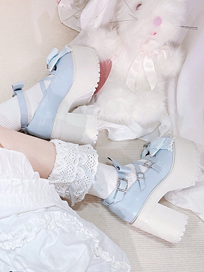 Blue Rhinestone Bowknot Jirai Kei Platform High Heels