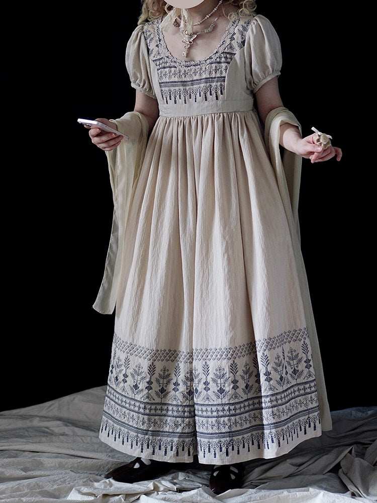 Blue Vintage Embroidery Empire Waist Elegant Lolita One Piece Long/Short Version