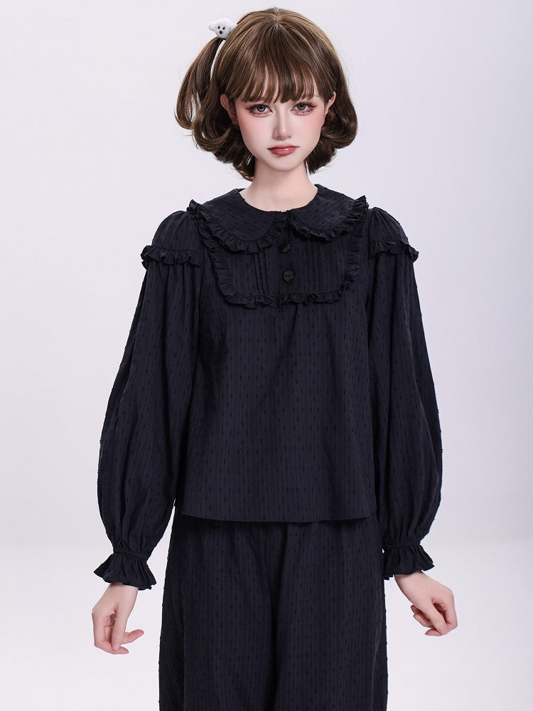 Plus Sizes Available Black Ruffle Trim Peter Pan Collar Sweet Lolita Blouse