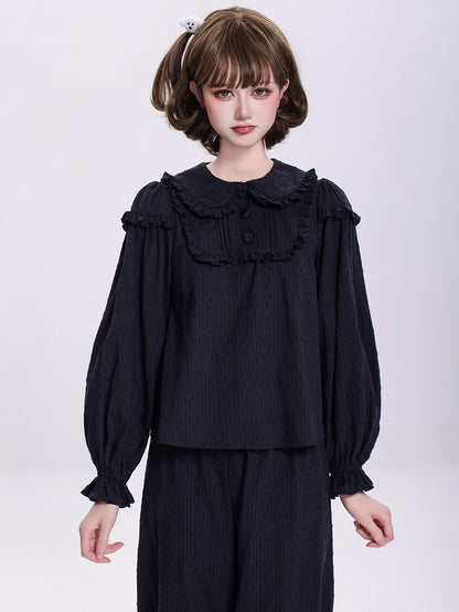 Plus Sizes Available Black Ruffle Trim Peter Pan Collar Sweet Lolita Blouse