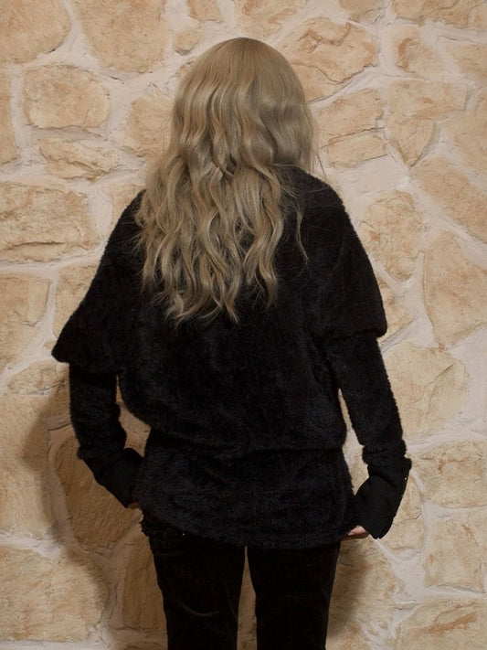 Black Off-Shoulder Punk Wing Print Knit Top with Batwing Sleeves & Buckle Strap