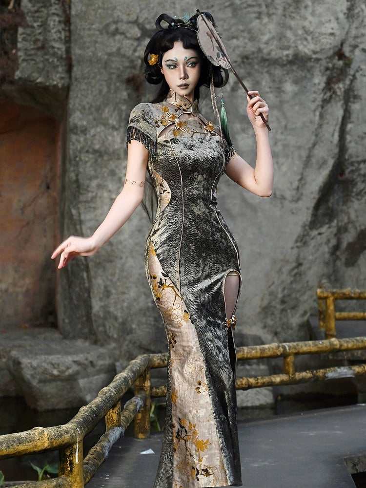 Cheongsam Collar Gothic Thigh-high Slit Qipao Dusty Green and Yellow