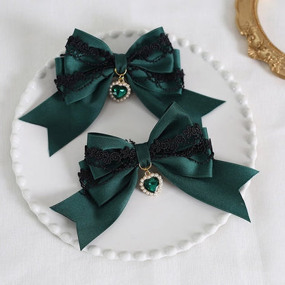 9 Colors A Pair of Bowknot Heart Charm Hairclips with Black Lace Decorations