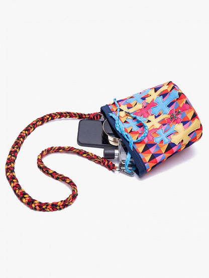 Colorful Diamond Pattern Crossbody Bag With Cross Accents & Multicolor Braided Strap