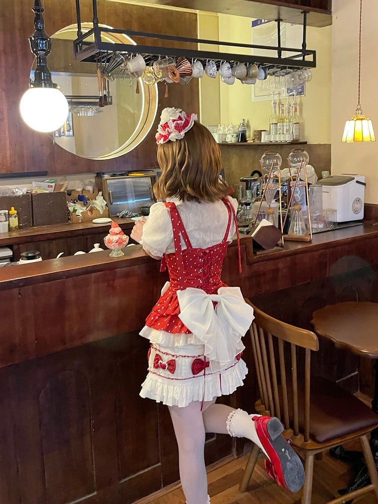 Red Polka Dots Sweet Bow Accents Lolita Full Set - Cami Top + Skirt + Puff Sleeves Cropped Top