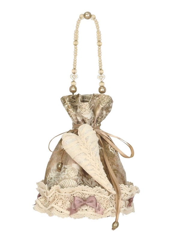 Lace and Bow Accents Vintage Drawstring Top Hand Bag with Heart Pin