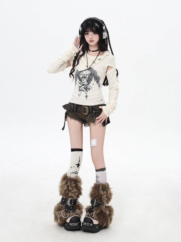 Apricot/Black Pointed Flat Collar Angel Print Wasteland Punk T-shirt with Free Armwears