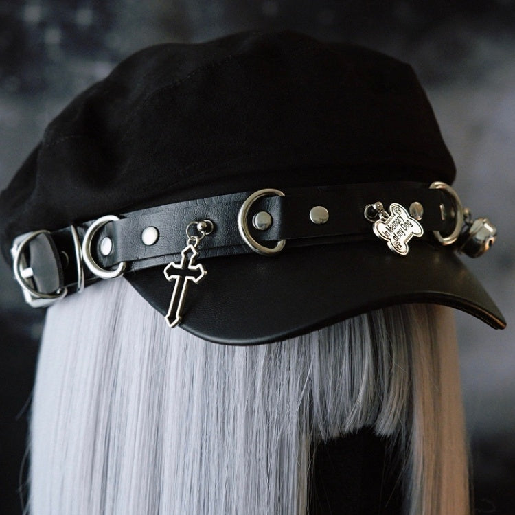 Black Gothic Studs Details Bone And Cross Charm Beret Hat
