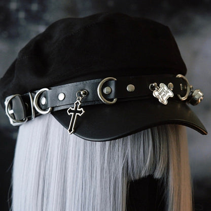 Black Gothic Studs Details Bone And Cross Charm Beret Hat