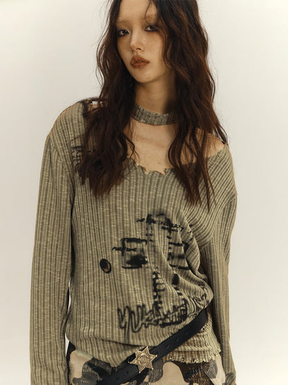 Army Green Punk Cross V-neck Sweater with Choker