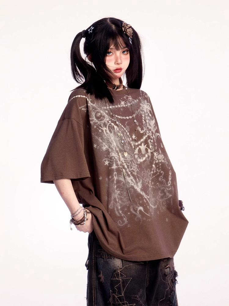 Wasteland Punk Brown Round Neck Graphic T-shirt