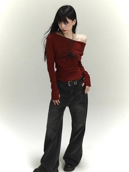 Wine Red Asymmetrical Neckline Spider Print Glamorous Slim-fitting Top
