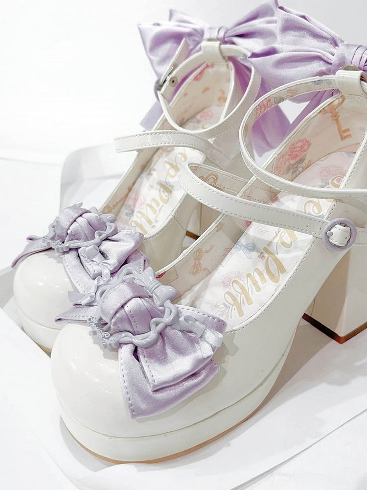 Polished White&Purple Bow at Top Platform High Block Heels