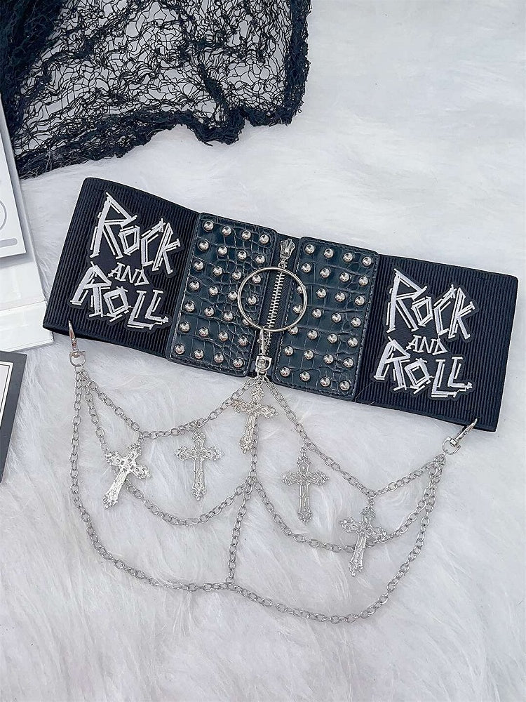 Black Punk Studs Details Cross Charm Waist Corset Belt