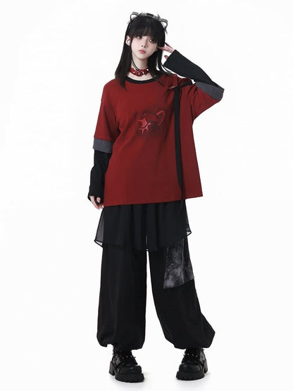 Red and Black Cheongsam Style Graphic Top with Detachable Sleeves